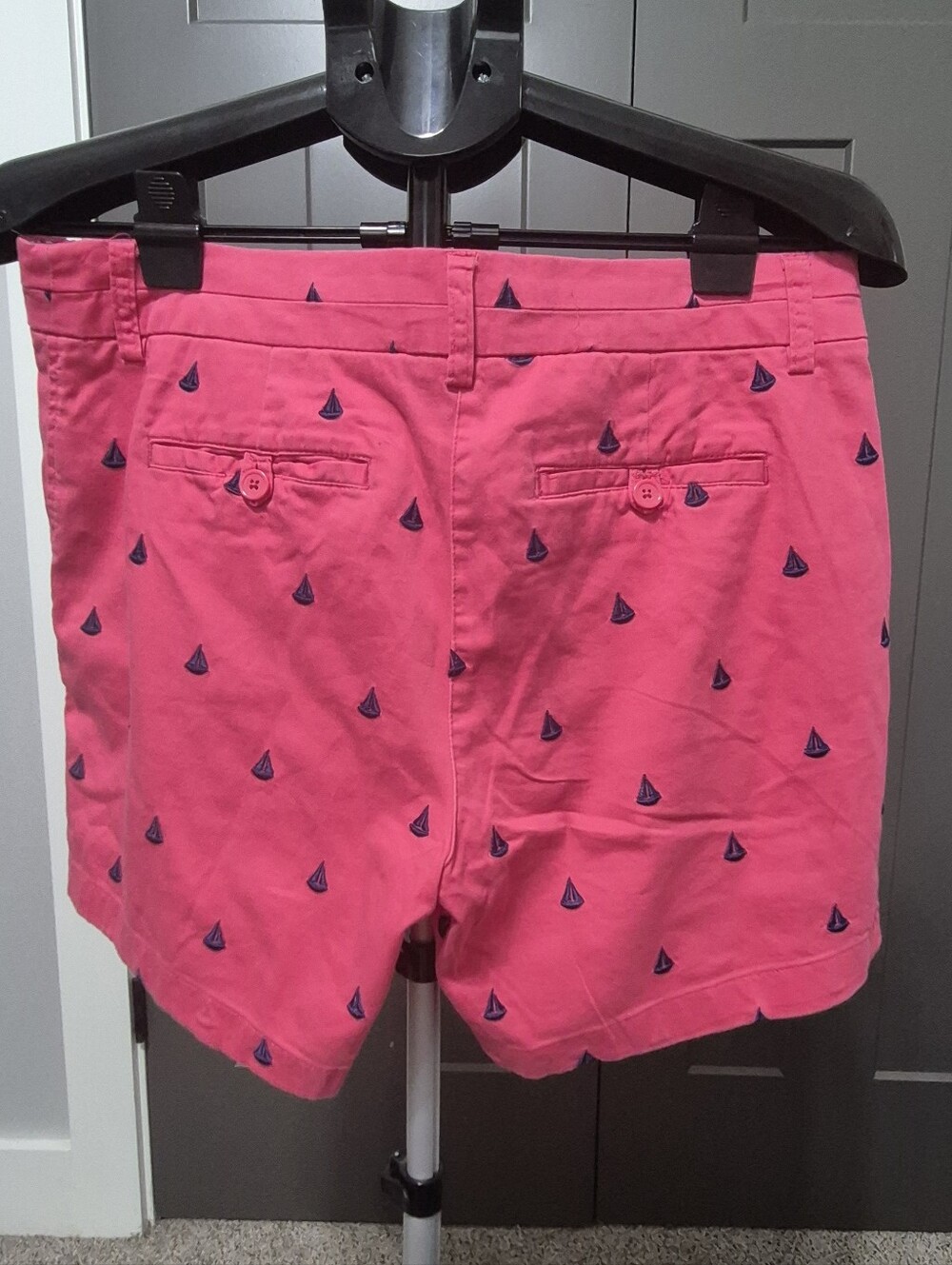 British Khaki Coral Pink Sailboat Print Chino Shorts Size 10 Preppy Coastal - Picture 3 of 5